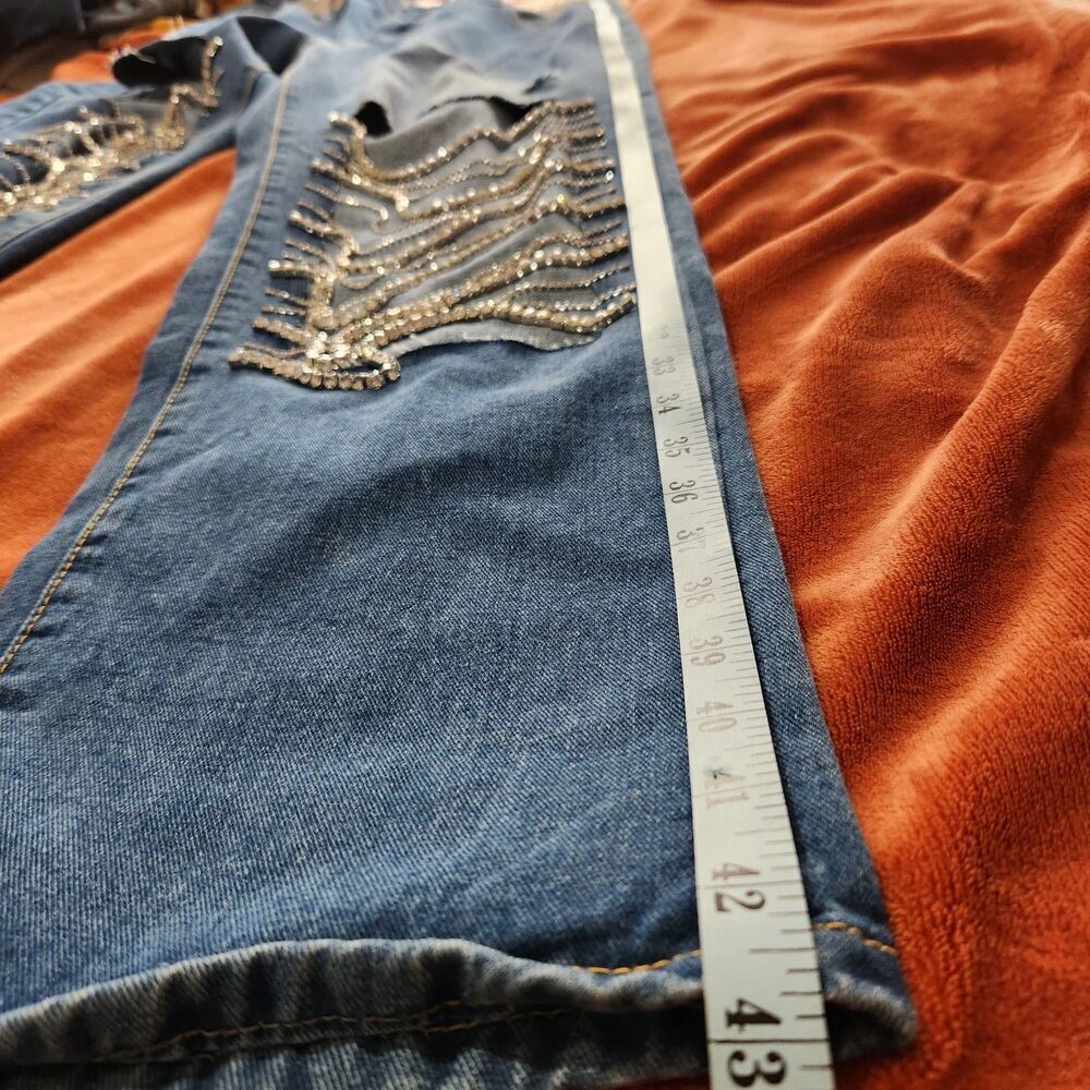 Kiwi Denim Jeans Size Large Blue Color Drop Rhinestones. - Picture 6 of 16